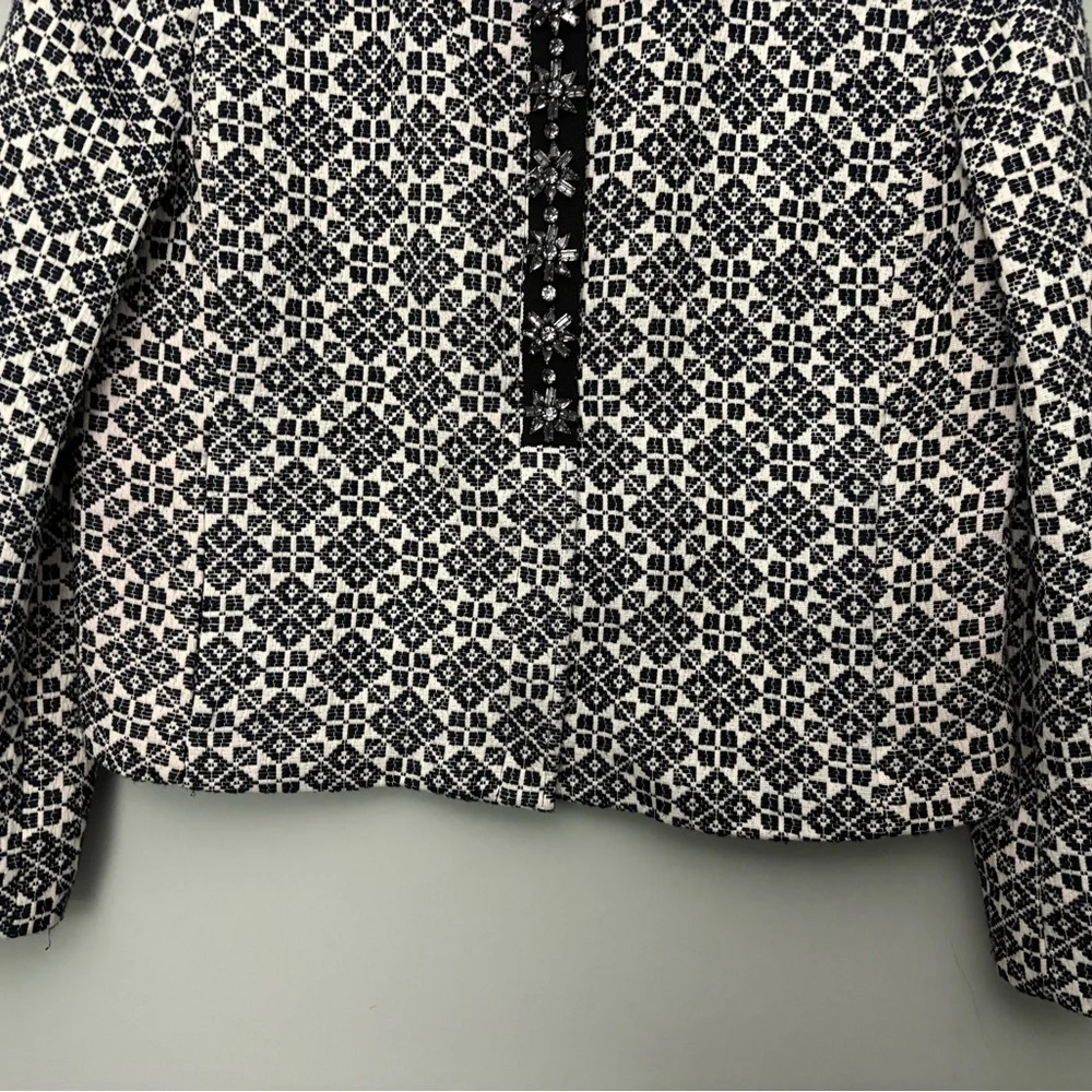 Tory Burch Embellished Jacquard Jacket Size 12 Navy Ivory Collarless Blazer